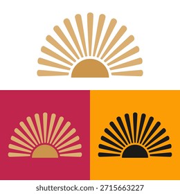This graphic showcases a stylized sun symbol presented in multiple color variations. The design features radial lines emanating from a central circular shape, demonstrating a minimalist style. Suitable for diverse applications, it offers potential use in various media such as websites or print materials. The overall composition suggests a design ready for commercial or editorial endeavors.
