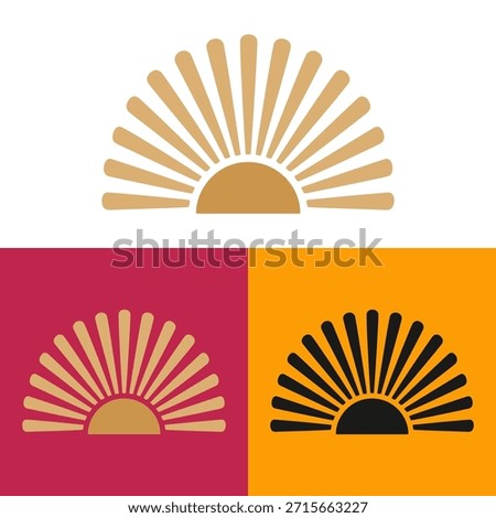 This graphic showcases a stylized sun symbol presented in multiple color variations. The design features radial lines emanating from a central circular shape, demonstrating a minimalist style. Suitable for diverse applications, it offers potential use in various media such as websites or print materials. The overall composition suggests a design ready for commercial or editorial endeavors.