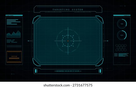 Este gráfico mostra um sistema de direcionamento com uma interface digital limpa. Inclui coordenadas, gráficos e vários elementos. Ideal para temas relacionados à tecnologia.