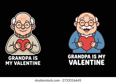 Este gráfico mostra duas ilustrações encantadoras de desenhos animados de um avô alegre, cada um segurando um coração vermelho. À esquerda, um avô veste um suéter bege, enquanto à direita, um personagem diferente com um bigode veste um cardigã azul. Ambos os desenhos apresentam o texto "VOVÔ É MEU AMOR" abaixo deles. Situadas sobre um fundo preto, estas ilustrações expressam amor e apreço por um avô no Dia dos Namorados ou em qualquer ocasião. O estilo bonito, amigável é ideal para um presente amoroso ou design de cartão de saudação.