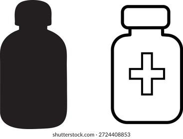 Este gráfico muestra dos contenedores de medicina distintos, uno presentado como una forma negra sólida y el otro con un relleno blanco y un contorno negro. El llamativo estilo de la silueta enfatiza sus formas. profesional de alta calidad detallado