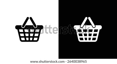 This graphic showcases two shopping basket icons, one black against a white background, and the other white against a black background, both identically designed.