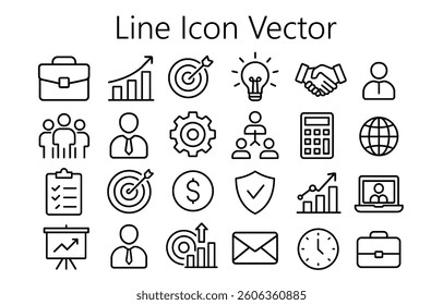 This graphic showcases a variety of business-related icons highlighting teamwork, finance, and productivity. Each icon presents a distinct aspect of corporate culture and operations.