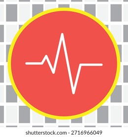 Este gráfico mostra um círculo vermelho vibrante, emoldurado por uma borda amarela brilhante, com uma linha de batimento cardíaco branco-escuro. Representa visualmente a saúde, o acompanhamento médico e os sinais vitais.