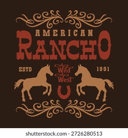 Diese Grafik zeigt ein Vintage-Design, das das amerikanische Rancho-Thema feiert. Es verfügt über zwei Pferde dekorative Elemente und unterstreicht das Jahr 1991.