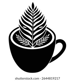 This graphic shows a black coffee cup with a delicate white floral pattern resembling a leaf artfully arranged on top, creating an elegant and visually appealing design.