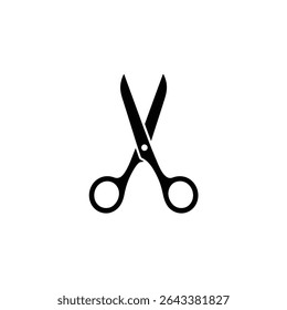 This graphic shows a black silhouette of opened scissors, often used for crafts, cutting paper, or hair. Tool has rounded handle grips for easy and safe handling.