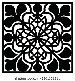 This graphic shows a black silhouette of an ornate square panel with symmetrical floral and geometric patterns against white background.