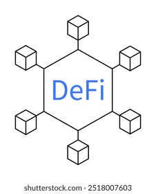 This graphic shows DeFi in blue text centered in a hexagon connected to six smaller cubes. Ideal for blockchain, cryptocurrency, financial technology, decentralized networks, digital finance.