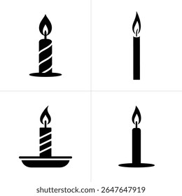 Este gráfico mostra quatro ícones de vela separados, cada um com uma chama em chamas. Os ícones de vela têm diferentes estilos de base e corpo de vela, todos em preto sobre fundos brancos.