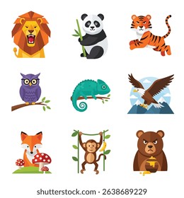 This graphic shows nine different cartoon images of animals against a white background.