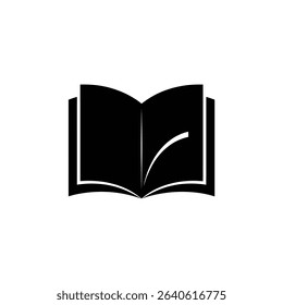 This graphic shows an open book illustration in solid black, with a slightly curled-over page corner. The book is facing the viewer, in front of white.