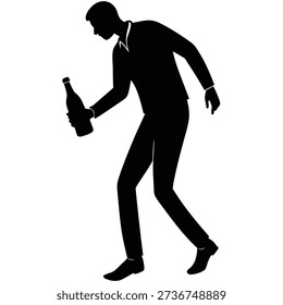 This graphic shows the silhouette of a man in a suit, staggering with a wine bottle. Image conveys drunkenness and alcohol consumption concept in silhouette design.