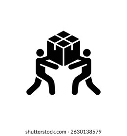 Este gráfico muestra a dos personas, representadas por figuras de palo, levantando y moviendo colaborativamente una Grande caja en forma de cubo. Una metáfora visual del trabajo en equipo y el trabajo compartido.