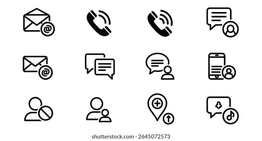 This graphic shows various vector communication icons featuring email, telephone, chat bubbles and messaging with mobile, users, location and a music icon. This could be used to represent contact info