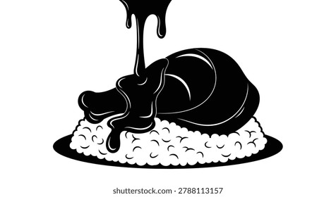 This graphic shows a whole roasted turkey, dripping with gravy, presented on a bed of rice. The image is a stark, black and white illustration.