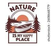 This graphic of t shirt design showcases a tranquil lake scene at sunset, featuring a canoe on the shore with lush trees lining the shoreline for camping lovers