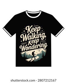 This graphic t shirt design features a retro silhouette of a hiker walking through a mountain range with pine trees under a starry sky. The vintage style typography reads Keep Walking Keep Wondering in a bold cream color. It is perfect for outdoor enthusiasts and apparel printing.