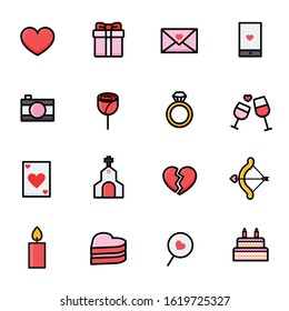 This is graphics vector Illustration icons. Ready to use for websites, social medias, presentations, applications, info graphic and illustrations. Valentine and Wedding Celebrate Color Icons Vector