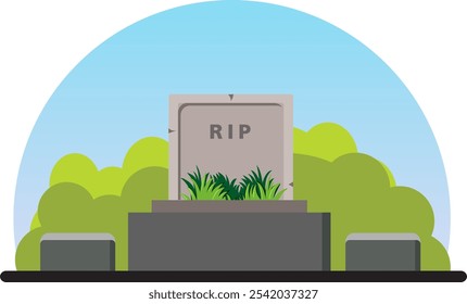 This grave vector has tombstones and grass is planted on top and there are seats for pilgrims, there are also green trees around it.