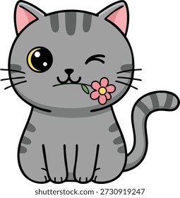 Este gato atigrado gris guiña un ojo juguetonamente, sosteniendo una flor rosa en su boca. La ilustración tiene colores pastel suaves y un sentimiento encantador y agradable.