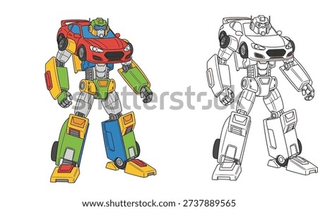 This is a great vector asset because you have provided both the finished colored version and the line art (outline) version side-by-side. This makes it highly versatile for buyers looking for children's coloring book content, toy packaging designs, or sci-fi game assets. The clean lines and bright colors make it very appealing for a younger audience.