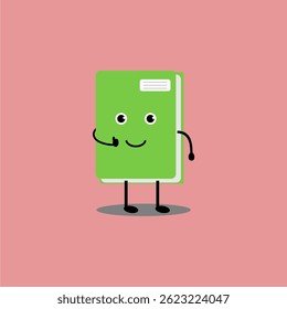 This is a green book mascot logo suitable for book company logo design, bookstore, book mascot, icon, sticker, animation, video, banner, poster