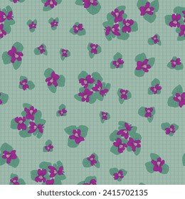 This green lattice-textured background is scattered with fuchsia colored wild violets creating a vector repeat seamless pattern design.