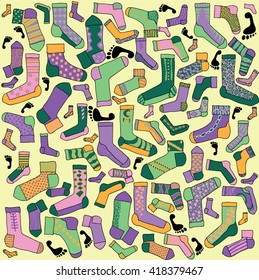 This green pattern depicts a variety of socks. The image can be used for design of fabrics, packages, package, or as a background..