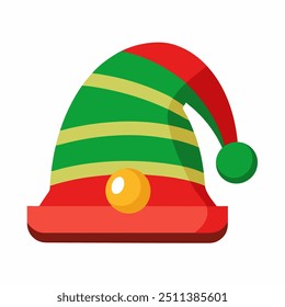 This is a green and red elf hat featuring a yellow ball on the bottom part