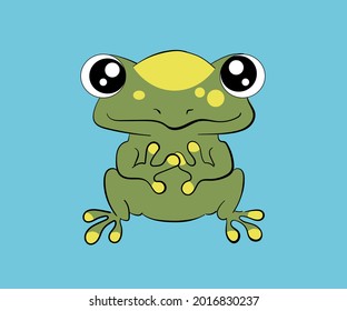this is a green stylized frog with yellow spots