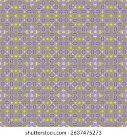 This grey fabric features a scattered pattern of purple and yellow starbursts, giving a traditional yet contemporary feel.