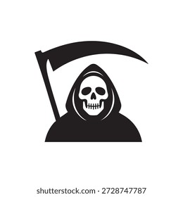 This grim reaper silhouette vector features a striking and ominous design, showcasing the classic hooded figure holding a sharp, curved scythe. The clean, high-contrast black shape captures a sense of mystery and foreboding, making it perfect for Halloween decorations, horror-themed branding, metal band artwork, or gothic graphic designs. Its minimalist aesthetic ensures the silhouette remains sharp and recognizable at any scale.