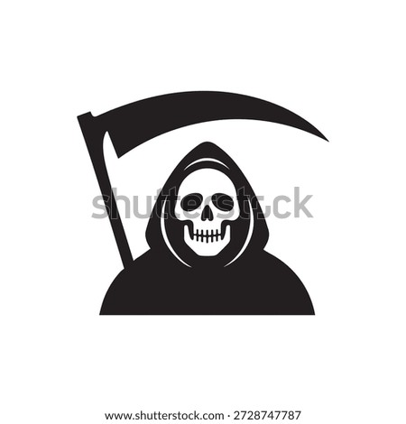 This grim reaper silhouette vector features a striking and ominous design, showcasing the classic hooded figure holding a sharp, curved scythe. The clean, high-contrast black shape captures a sense of mystery and foreboding, making it perfect for Halloween decorations, horror-themed branding, metal band artwork, or gothic graphic designs. Its minimalist aesthetic ensures the silhouette remains sharp and recognizable at any scale.