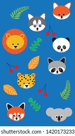 This is a group of funny animal heads that form by simple way such as circle, triangular and line. The animals are lion, racoon, fox, dog, leopard, panda, red panda, and koala.