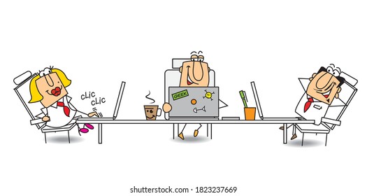 This group of persons works together around a table on their laptops. They are in a coworking space