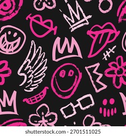 This grunge texture features colorful marker drawings including crowns smiles and flowers all set against a dark background.