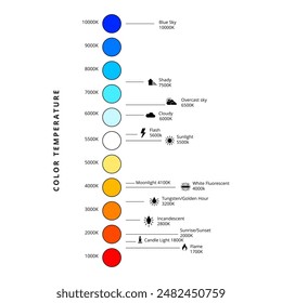 Esta guía ofrece una gráfica detallada de la temperatura de color, ayudando a fotógrafos, Camarógrafo y diseñadores a lograr una iluminación perfecta y el equilibrio de color para sus proyectos creativos.