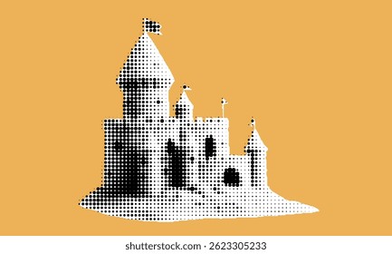 Esta colagem de meio-tom apresenta um castelo de areia estilizado com várias torres e bandeiras, definido contra um fundo laranja vibrante.