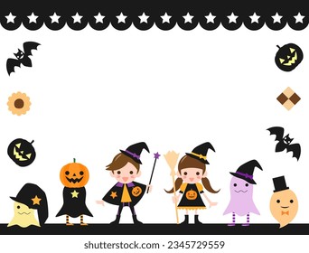 This is a Halloween card with children in costumes and ghosts.