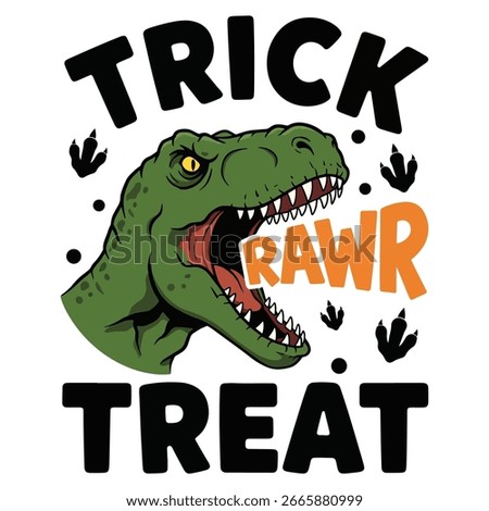 This Halloween dinosaur design features a roaring T-Rex with the phrase "Trick Rawr Treat". Perfect for kids, dinosaur lovers, and Halloween parties. Ideal for t-shirt prints, stickers, greeting cards