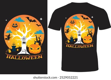 This Halloween, Embrace the Spooktacular Night! Get ready for Halloween with this spooky design featuring a haunted tree, flying witches, bats, and a grinning jack-o'-lantern, perfect for t-shirts, po