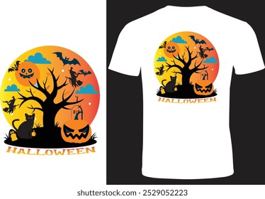 This Halloween, Embrace the Spooktacular Night! Get ready for Halloween with this spooky design featuring a haunted tree, flying witches, bats, and a grinning jack-o'-lantern, perfect for t-shirts, po