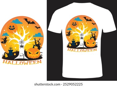 This Halloween, Embrace the Spooktacular Night! Get ready for Halloween with this spooky design featuring a haunted tree, flying witches, bats, and a grinning jack-o'-lantern, perfect for t-shirts, po