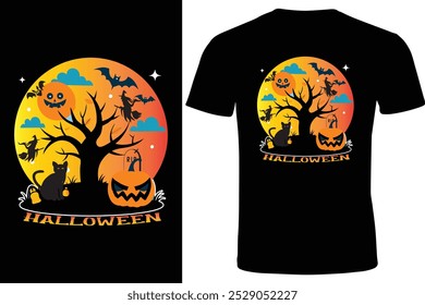 This Halloween, Embrace the Spooktacular Night! Get ready for Halloween with this spooky design featuring a haunted tree, flying witches, bats, and a grinning jack-o'-lantern, perfect for t-shirts, po