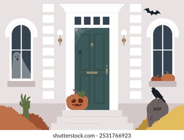 This Halloween entrance boasts a dark green door, carved pumpkins, a ghostly window apparition, and autumn decor, creating an inviting yet spooky vibe