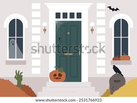 This Halloween entrance boasts a dark green door, carved pumpkins, a ghostly window apparition, and autumn decor, creating an inviting yet spooky vibe