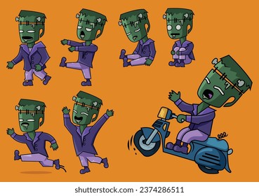 This is Halloween Frankenstein Bundle Vector, Funny and Cool Design for Halloween. Walk, Jump, Surprise, Sit, Sleep, Ride a Bike in Vector Design.