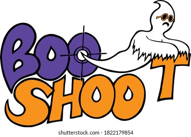 This Halloween ghosts knows boo shoot when he sees it. This clip art piece features the words boo shoot accompanied by a spooky ghost. 
