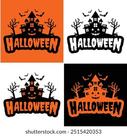 This 'Halloween House' logo, complete with bats, pumpkins, and a haunted house, is the perfect choice for anyone looking to create spooky yet playful designs for the Halloween season